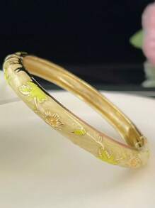1 pieza Pulsera bohemia nueva y elegante estilo con esmalte champlevé chapado en oro y patrón floral, adecuada como joyería para mujeres y niñas