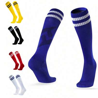 1 双儿童（8-12 岁）防滑加厚毛圈底运动袜，女童过膝长袜，男童透气条纹足球/篮球袜，适合日常外出和返校装