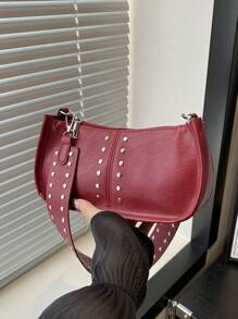 1pc Quilted Zipper Closure PU Solid Crescent Bag, Fashion Minimalist Wide Strap Shoulder Bag, Retro Oil Rivet Casual Armpit Baguette Bag, New Commuting Handbag, Suitable For Women's Daily Use - Merah - View 2