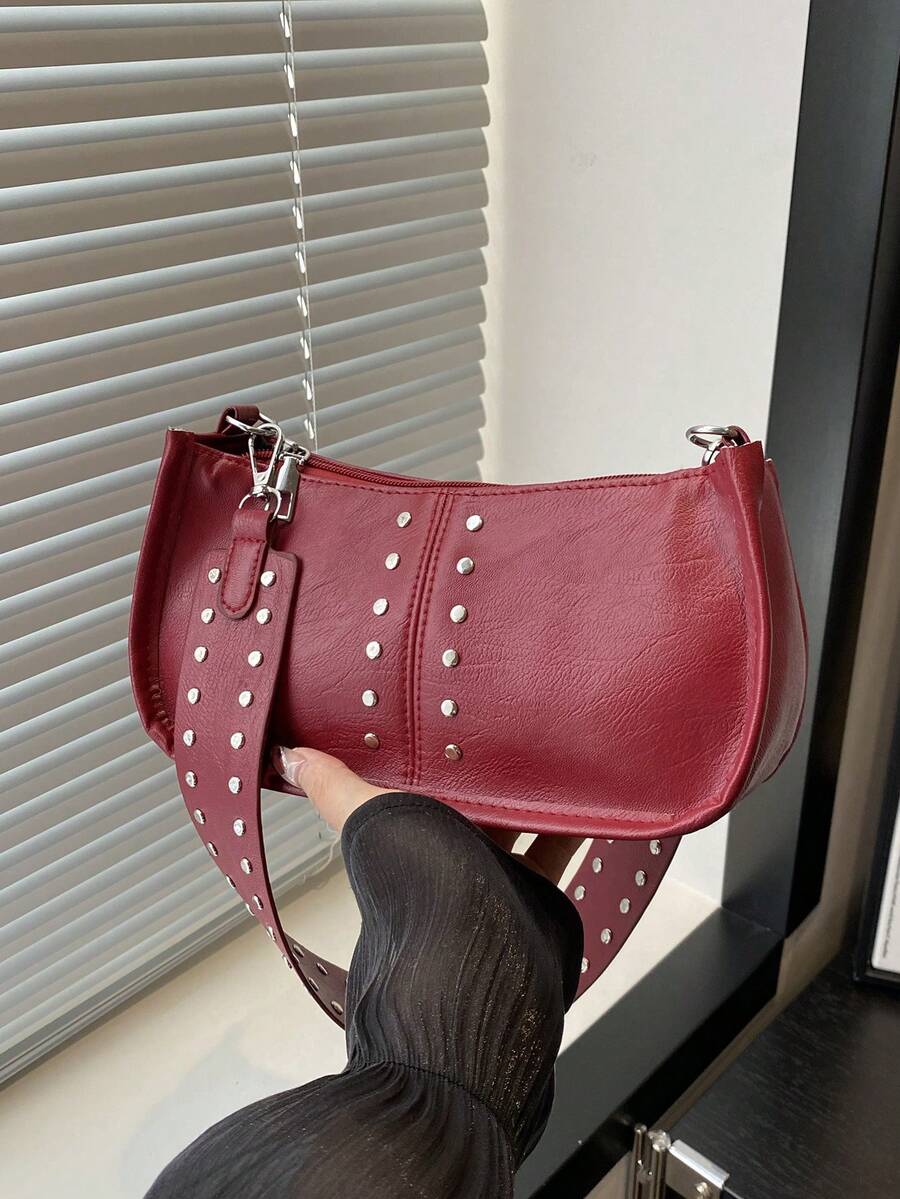 1pc Quilted Zipper Closure PU Solid Crescent Bag, Fashion Minimalist Wide Strap Shoulder Bag, Retro Oil Rivet Casual Armpit Baguette Bag, New Commuting Handbag, Suitable For Women's Daily Use