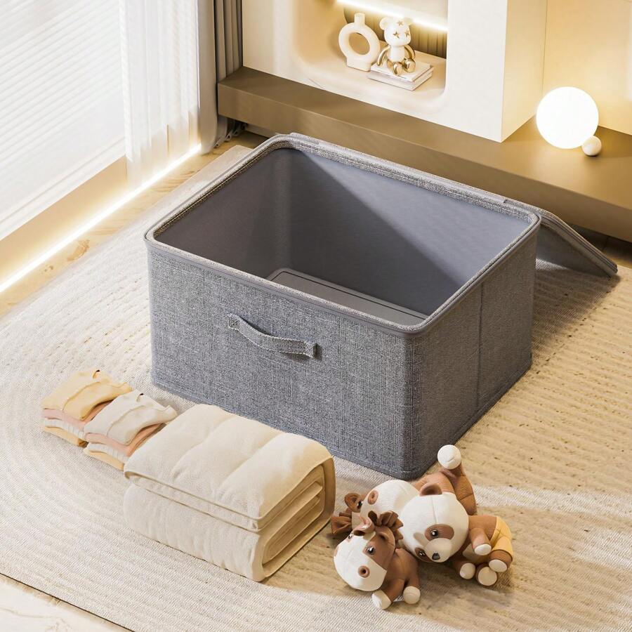 1pc Foldable Storage Box, Dark Grey Collapsible Storage Bin, Waterproof Organizer Bin, Suitable For Home Or Office, With Zipper Cover And Handles
