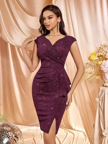 MIUSOL Sweetheart Neck Ruffle Hem High Slit Sequin Cocktail Party Bodycon Pencil Skirt - Burgundy - View 5