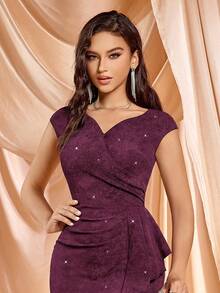 MIUSOL Sweetheart Neck Ruffle Hem High Slit Sequin Cocktail Party Bodycon Pencil Skirt - Burgundy - View 8