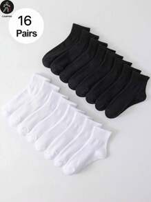 16 Pairs/Set Simple Black & White Mid-Calf Socks, Breathable, Odor-Resistant, Skin-Friendly - Multicolor - View 1
