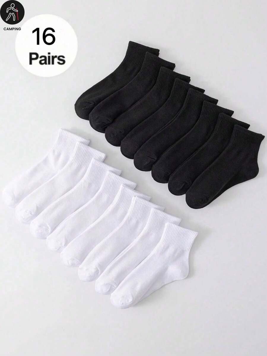 16 Pairs/Set Simple Black & White Mid-Calf Socks, Breathable, Odor-Resistant, Skin-Friendly - Multicolor - View 1
