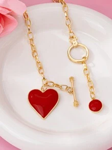 1pc Fashionable 3D Alloy Enameled Drum-Shaped Red Heart & Round Gold Water Drop Pendant Necklace - Yellow Gold - View 4