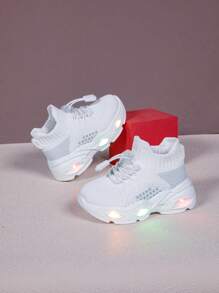 儿童休闲运动鞋，鞋底发光，轻便，鞋带可调节，脚踝灵活，透气，适合日常穿着 - 白色 - 查看 3