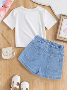 Tween Girls Butterfly Print Short Sleeve T-Shirt And Denim Shorts Set