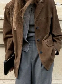 Beautiful Nomad Women's Suede Button Long Sleeve Blazer - Coffee Brown - View 1