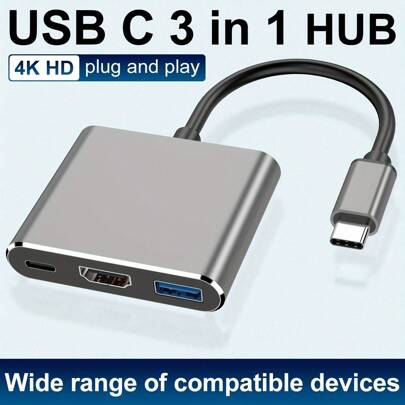 Adaptor multiport HUB 3 în 1 de la TYPE C la HDTV, Hub Type-C Thunderbolt 3 la ieșire HDTV 4K, port USB 3.0 și port de încărcare USB-C, adaptor AV digital pentru laptop, pentru Galaxy S8/S9, pentru splitter USB de încărcare PD pentru laptop!