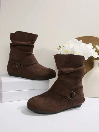 Botas plegables con cremallera lateral para mujer, con correa y hebilla metálica, de punta redonda, planas, versátiles, de moda y casuales