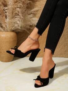 新款时尚尖头蝴蝶结设计女式高跟凉鞋，粗跟，舒适柔软绒面休闲正装鞋，适合派对、购物、度假、日常装扮，黑色 - 黑色 - 查看 3