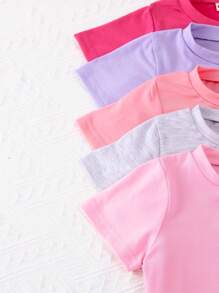 10pcs/Set Young Girl Casual Solid Color Soft Knitted Fabric Short Sleeve T-Shirt And Shorts Set For Outdoor Leisure Wear, Spring/Summer - 彩色 - 查看 3