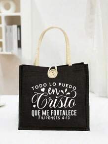 Christian Themed Small Tote Bag , Letter Pattern, Reusable Printed Women's Tote Bag, Double Handle Shopping School Bag, Large Capacity Shoulder Bag, Casual Tote Bag,Christmas Storage Bag, Suitable For Commuting, School And Shopping, Convenient For Outdoor Use, Gift For Friends And Besties, Teacher Gift,Easter Bonus , Perfect Choice For Vacation And Festival - Black - View 4