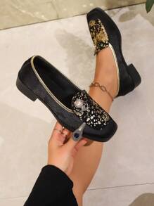 Women's Square Toe Chunky Heel Loafers, Slip-On Casual Comfort Shoes With Chinese Classic Style, Versatile For All Seasons - Black - View 7
