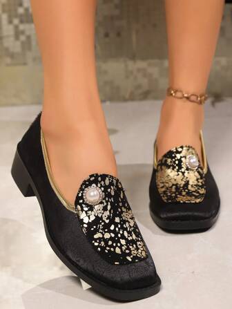 女士方头粗跟乐福鞋，一脚蹬休闲舒适鞋，具有中国古典风格，适合所有季节