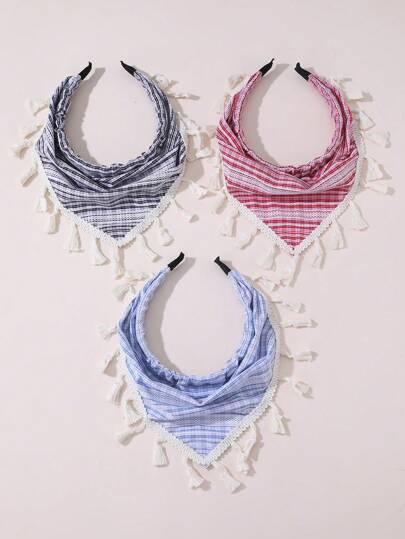 1条女士发带，波西米亚风简约印花围巾发带，带流苏，红/黑/蓝条纹印花，适合春夏日常佩戴