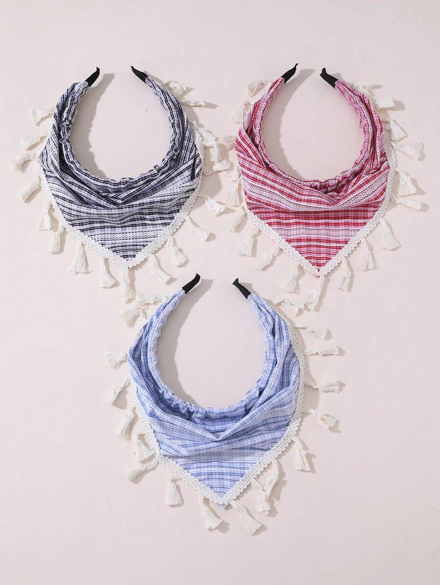 1pc Women's Headband, Bohemian Style Minimalist Printed Scarf Headband With Tassel, Red/Black/Blue Striped Print, Suitable For Daily Wear In Spring And Summer - Multicolor - View 1