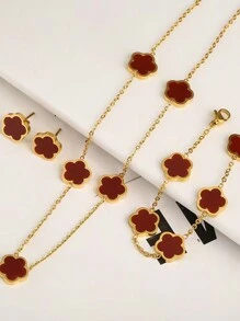 4pcs Stainless Steel 5 Petals Flower Jewelry Set: 1 Necklace + 1 Bracelet + 2 Earrings, Elegant & Fashion For Women Valentines,Mom,Mother,Mother's Day,Gift