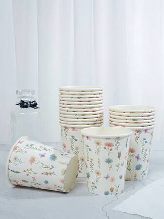 10/25 鲜花主题一次性纸杯 9 盎司/250 毫升纸杯 一次性饮料杯 生日派对一次性咖啡杯 适用于各种派对、婚礼、家庭、办公室、饮料杯、冷饮杯、热茶杯、咖啡杯、餐杯、生日派对用品及配件