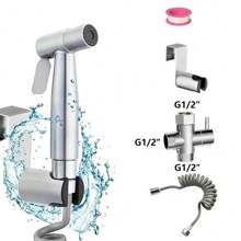 一套现代风格银色手持式马桶喷枪，304不锈钢材质，高压喷枪，带阀门分流器、伸缩软管和喷头悬挂支架，浴室配件，浴室工具 - 銀色 - 查看 1