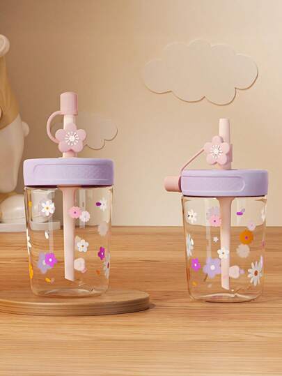 1pc 450ML/480ML Kids Cup With Straw, Student Water Bottle, Fresh Daisy Pattern, Dustproof Leakproof Shockproof Transparent Durable, Portable For Home, School, Outdoor Use, Best Gift