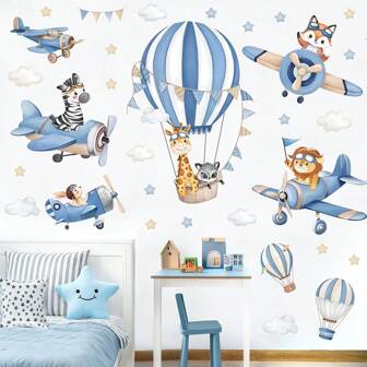 1 set Grand sticker mural de ballon à air chaud bleu, animaux, avion, girafe, lion, renard, pour la décoration