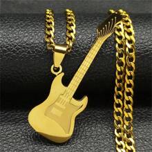 迷人吉他乐器吊坠项链 男女皆宜 不锈钢金色嘻哈音乐链 礼物珠宝