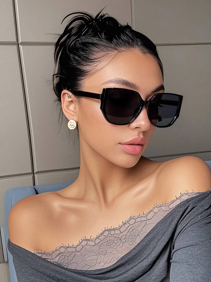 Retro Square Large Frame Plastic Sunglasses, Classic Design, Decoration For Outdoor Travel Beach Holiday, UV Protection Driving Glasses, Unisex Fashionable Shade Elegant Outfit Family Outings Travel Vacation Holiday For Summer Beach Vacation,Outdoor,Travel - 黑色 - 查看 1