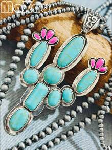Women's Personalized Western Country-Style Oversized Cactus Pendant Necklace (New For Autumn/Winter). Inlaid With Natural Turquoise, Multi-Layered Pearl Necklace, Each Turquoise Is Unique And Full, Suitable For Multiple Wears. Pairs Well With Jeans And Casual T-Shirts For A Fashionable Look! Great For Self-Purchase Or Gift To Best Friends
