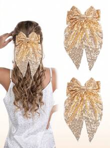 2 piezas Pinzas para el cabello de niña con lentejuelas brillantes, barrettes de cabello con cola larga y brillo dorado, pinzas para el cabello grandes, accesorios para el cabello adecuados para festivales, vacaciones, fiestas de cumpleaños - Multicolor - Ver 4
