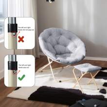Foldable Moon Chair With Footstool Soft Padded Seat Camping Outdoor Round Folding Faux Fur Saucer Chair With Footstool Saucer For Bedroom Living Room Dorm Foldable Metal Frame Oversized Large Comfy Furry Padded Soft Lounge Lazy Cozy Moon Chair - Grey - View 6