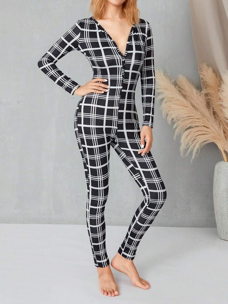 Valentine's Day Women's V Neck Button Long Sleeve Jumpsuit Lips Print Bodycon Bodysuit Romper