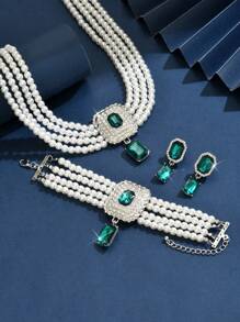 4pcs Set Luxury Exaggerated Multilayer Faux Pearl, Crystal & Rhinestone Embellished Necklace, Earrings, Bracelet Set, Suitable For Women Wedding, Party, Holiday Gift - Multicolor - View 5
