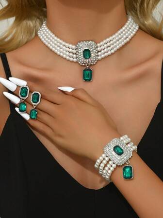 4 st uppsättning lyxiga överdrivna flerlagers konstpärlor, kristall & strass dekorerat halsband, örhängen, armbandsset, lämplig för kvinnor bröllop, fest, semesterpresent