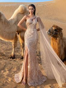 Faeriesty Haute Glamour Luxury Pearl Embellished Sheer Overlay One Shoulder Mermaid Hem Beaded Formal Dresses & Evening Gowns - Champagne - View 5