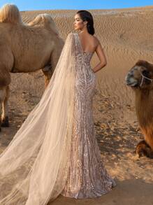 Faeriesty Haute Glamour Luxury Pearl Embellished Sheer Overlay One Shoulder Mermaid Hem Beaded Formal Dresses & Evening Gowns - Champagne - View 3