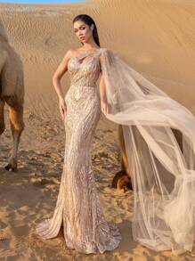 Faeriesty Haute Glamour Luxury Pearl Embellished Sheer Overlay One Shoulder Mermaid Hem Beaded Formal Dresses & Evening Gowns - Champagne - View 7