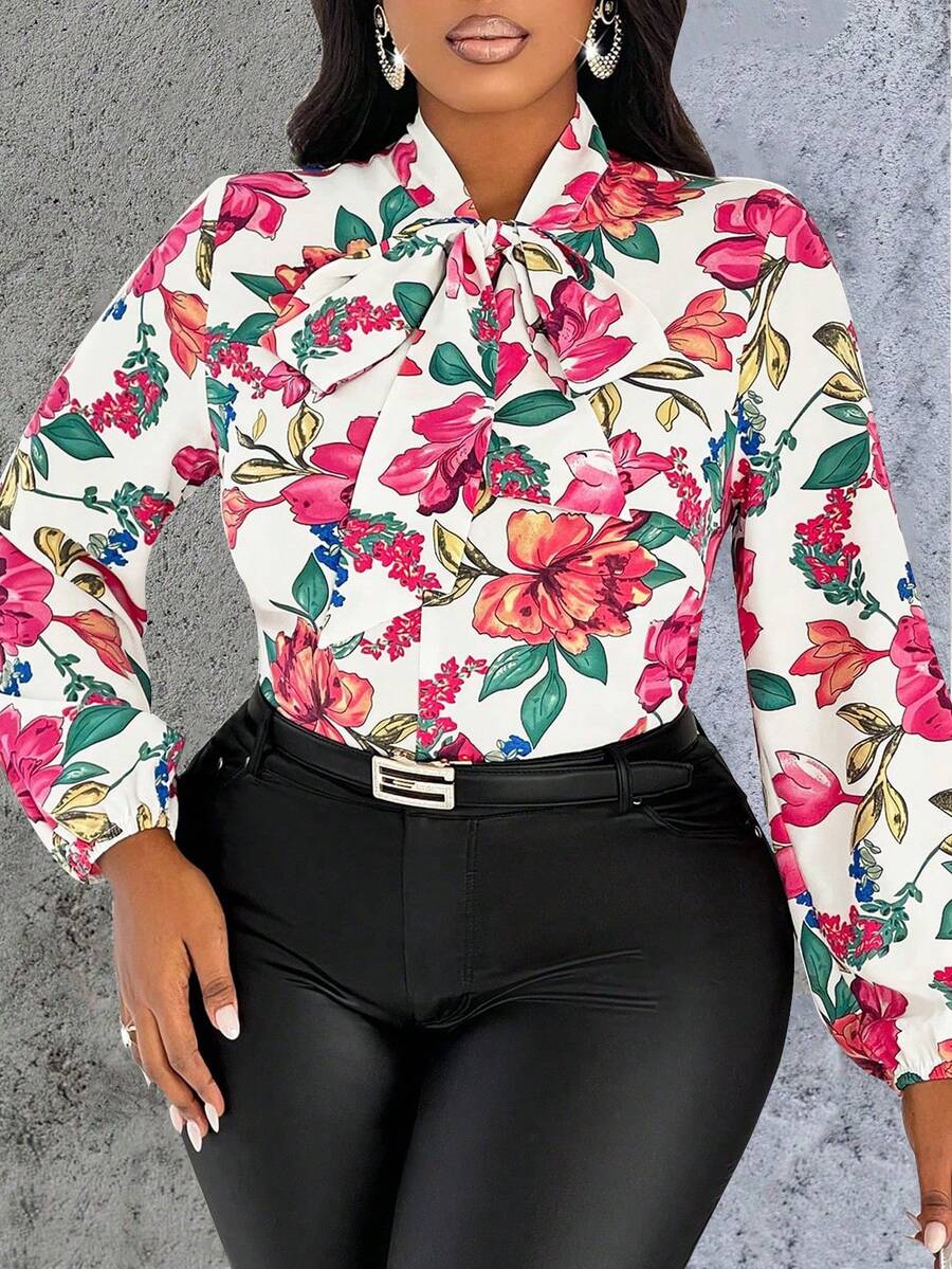 BIUBIU 大码女式春夏花卉印花系带长袖优雅衬衫 - 玫紅色 - 查看 1