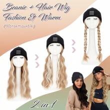 Knitted Beanie Hat Hair Extensions Hairpieces 18inch/45cm Long Wave Wigs With Synthetic Wig Soft Hairpiece Add Volume & Length Warm Screwed Cold-Resistant Curly Hairpieces Black Brown Blonde For Winter Women Girls Daily Party Christmas Gift - 黑色 - 查看 9