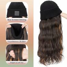 Knitted Beanie Hat Hair Extensions Hairpieces 18inch/45cm Long Wave Wigs With Synthetic Wig Soft Hairpiece Add Volume & Length Warm Screwed Cold-Resistant Curly Hairpieces Black Brown Blonde For Winter Women Girls Daily Party Christmas Gift - 黑色 - 查看 5