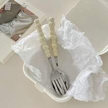 2pcs Macaron Pearl Spoon & Fork, Ceramic Spoon & Fork, Dessert Spoon Portable Cutlery Set, Soup Spoon Camping Utensils