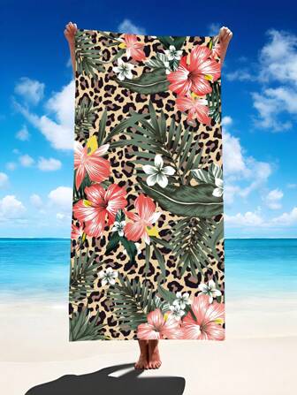 1 pieza Toalla de playa con estampado de hojas florales y leopardo, manta de playa con fibra superabsorbente de gran tamaño, apto para viajes, piscina, buceo, surf, yoga, campamento, disponible en tallas adulto y niño, accesorios de playa, viajes de verano, vacaciones, decoración de baño, artículos esenciales de playa