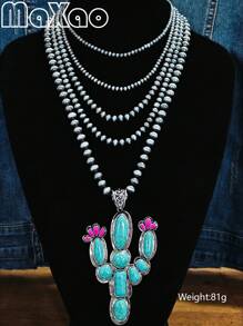 Women's Personalized Western Country-Style Oversized Cactus Pendant Necklace (New For Autumn/Winter). Inlaid With Natural Turquoise, Multi-Layered Pearl Necklace, Each Turquoise Is Unique And Full, Suitable For Multiple Wears. Pairs Well With Jeans And Casual T-Shirts For A Fashionable Look! Great For Self-Purchase Or Gift To Best Friends