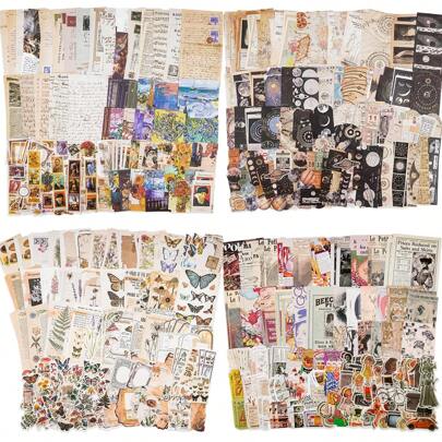 复古剪贴簿用品包（200 件）适用于垃圾日记本、子弹日记本、计划本、美学纸质贴纸工艺套件、Cottagecore 拼贴相册、学校用品、返校