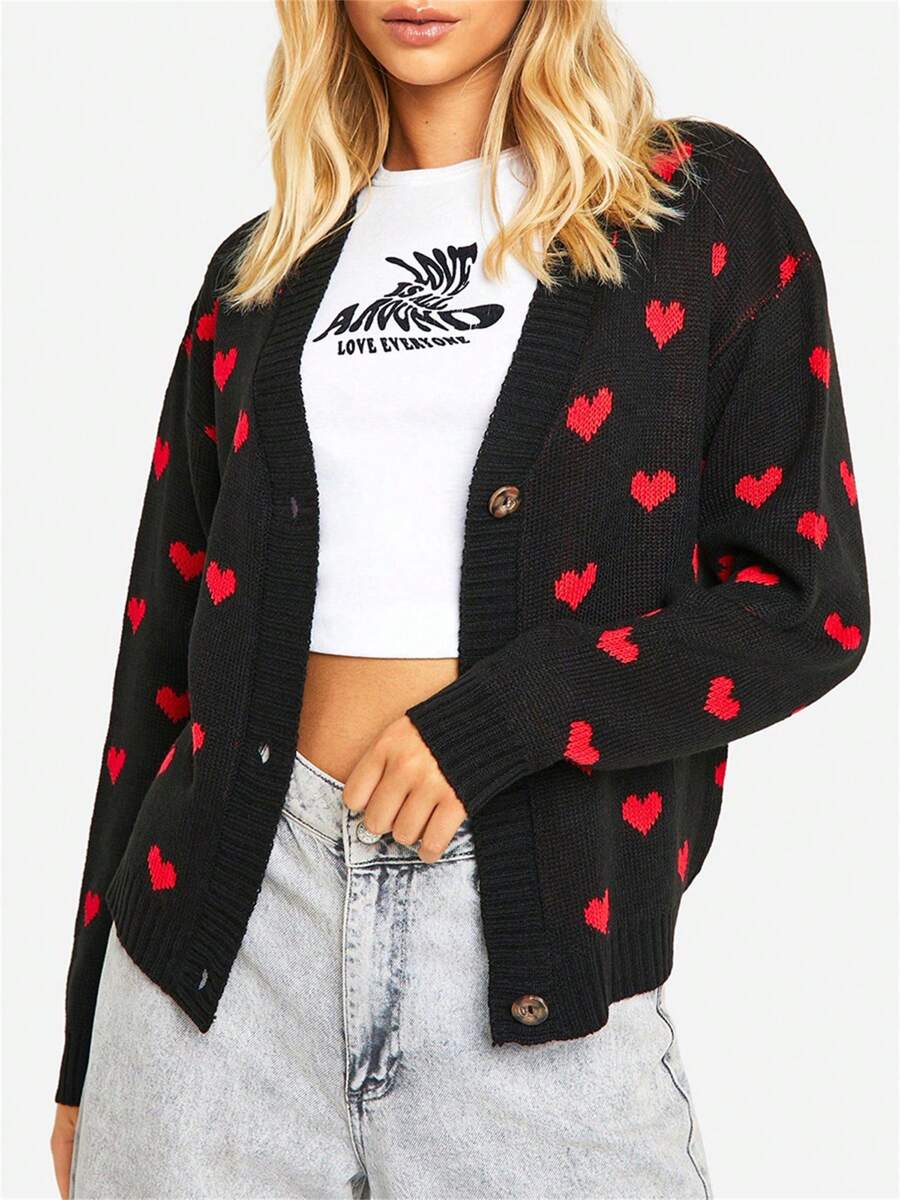 Women Fall Knit Cardigan Sweater Long Sleeve V-Neck Botton Sweater Coats Cute Heart Graphic Tops For Valentine's Day