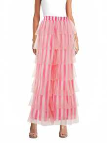 Women  Cute Pants Casual Layered Mesh Ruffles Stripe Print Elastic Trousers For Daily Streetwear