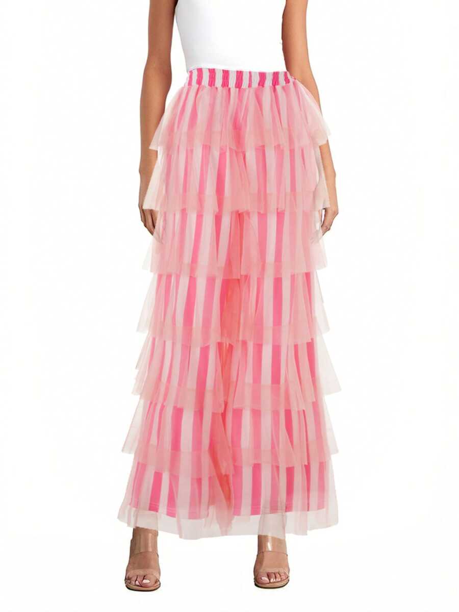 Women  Cute Pants Casual Layered Mesh Ruffles Stripe Print Elastic Trousers For Daily Streetwear