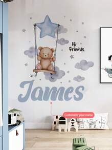 1pc Customizable Your Name Swinging Bear With Stars Wall Sticker, Removable For Bedroom, Living Room, Kids Room Decor,Multi-Functional, ,Ornamental,Reusable,Exquisite,Stylish,High-Quality,Colorful,Modern,Custom,Personalized,Unique,Ideal Gifts For Him,Ideal Gifts For Her,Boyfriend,Dad,Girlfriend,Mom,Family,Friends,Tea Room,Home,Garden,Office,For Anniversaries,For Valentine's Day,For Mother's Day,For Birthdays,For Father's Day,For Graduation,For Weddings,For Housewarming,Home Refresh