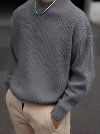 Men's Solid Color Round Neck Drop Shoulder Long Sleeve Casual Sweater, Autumn/Winter